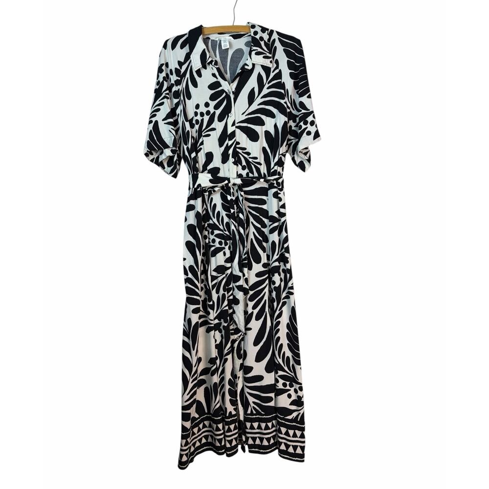 H M Black White Tropical Floral Shirt Dress Womens XL Belted Midi